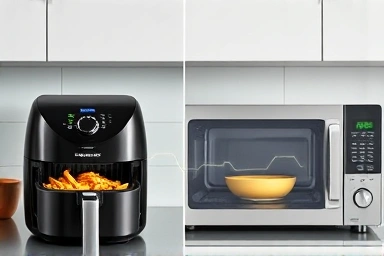 Air fryer and microwave comparison with subtle energy flow.